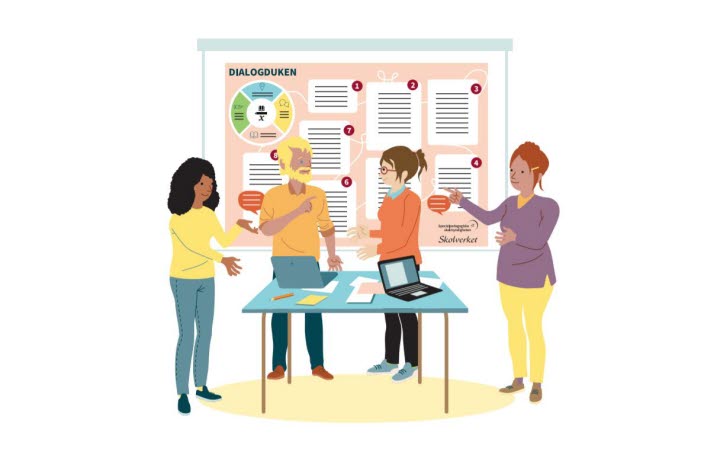 En illustration av fyra personer som står runt ett bord och diskuterar