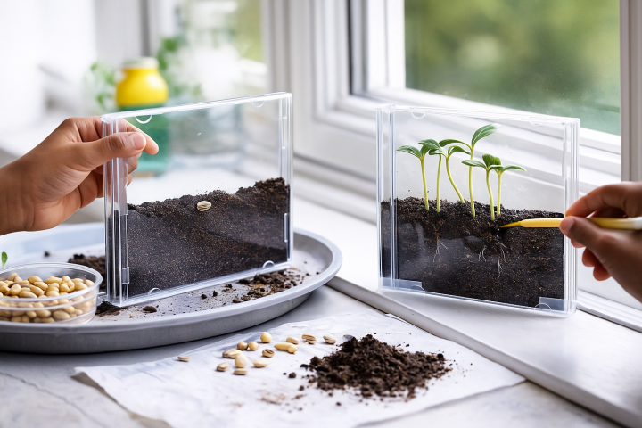 Bild på ett frö i jorden samt hur fröet växer