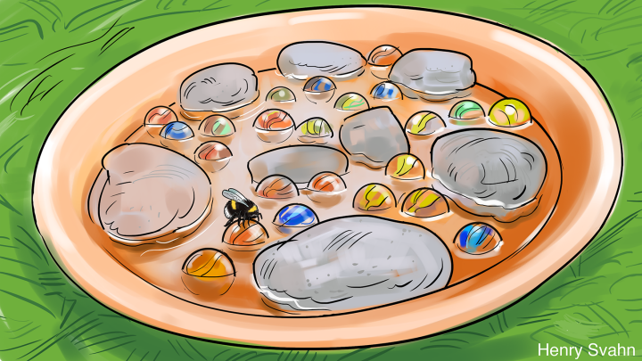 Illustraiton av stenar och spelkulor på ett vattenfyllt fat.