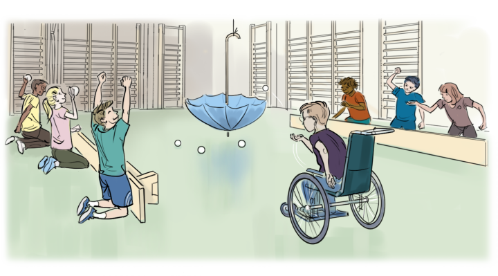 Elever som kastar bollar i ett upp och nervänt paraply.