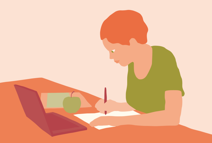 Illustrationen visar elev som sitter vid en laptop.