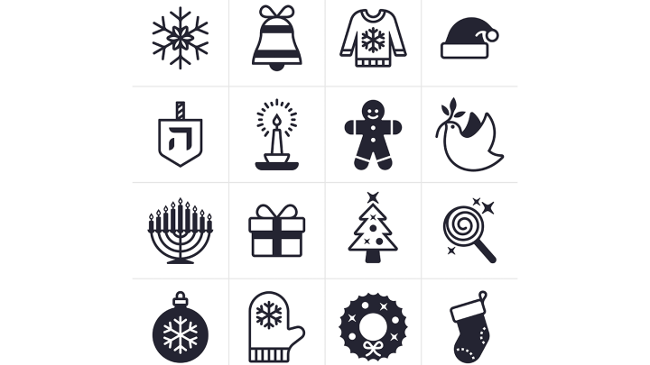 olika bilder med bland annat; snöflinga, pepparkaksgubbe, julgran, bjällra, fredsduva mer mera.