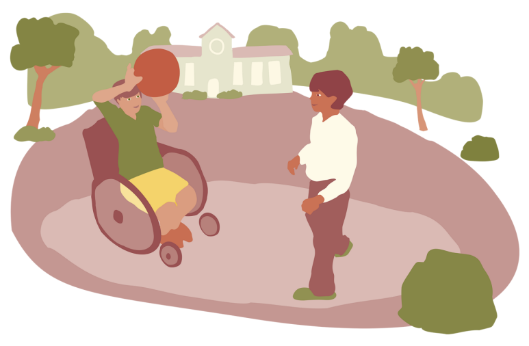 Illustration av två elever som kastar en stor boll till varandra på en skolgård. Den ena eleven sitter i en rullstol.
