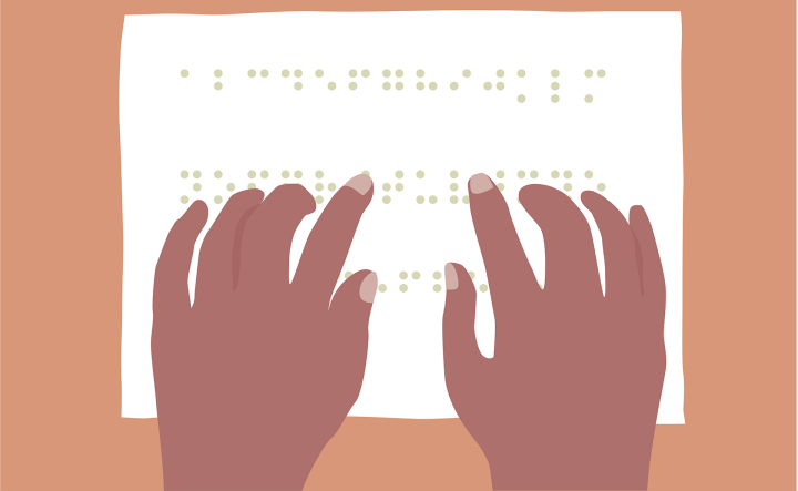 Illustration av två händer som läser av en blindskrift.