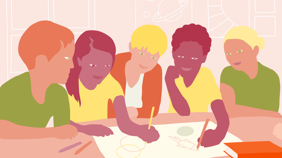 Illustration av flera elever som ritar på ett stort papper.