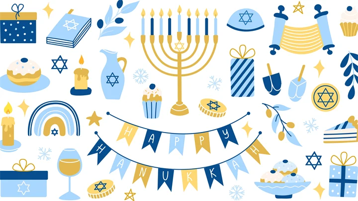 Olika symboler kopplade till chanukka: ljusstake med ljus, presenter, mat och vimplar med texten ”Happy Hanukkah”.