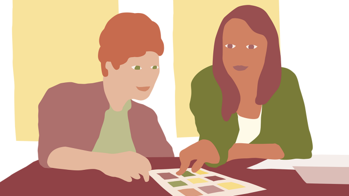 Illustration av två personer som sitter bredvid varandra vid ett bord. Personerna tittar ner och pekar på ett papper med mönster på.