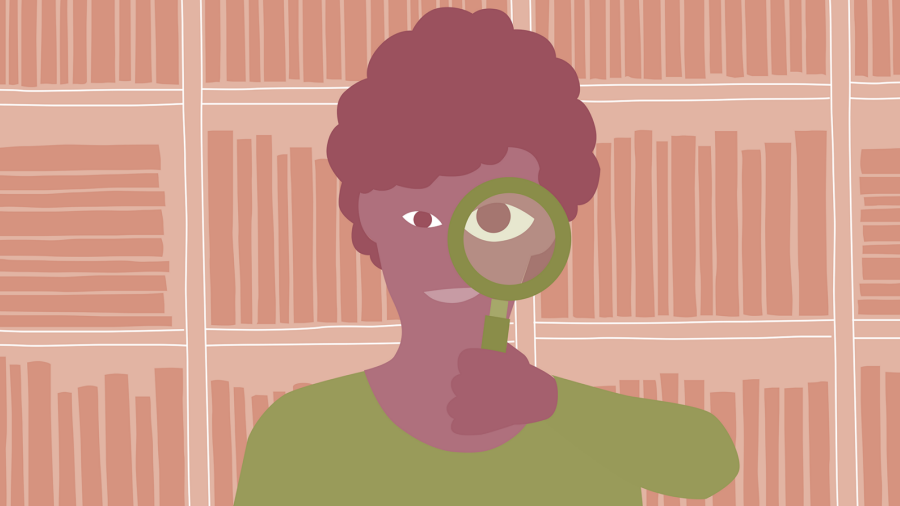 Illustration av en kvinna som håller i ett förstoringsglas framför sitt ena öga.