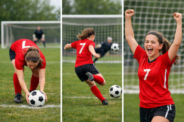 Bildsekvenser av en fotbollsspelare som lägger en straff och gör mål