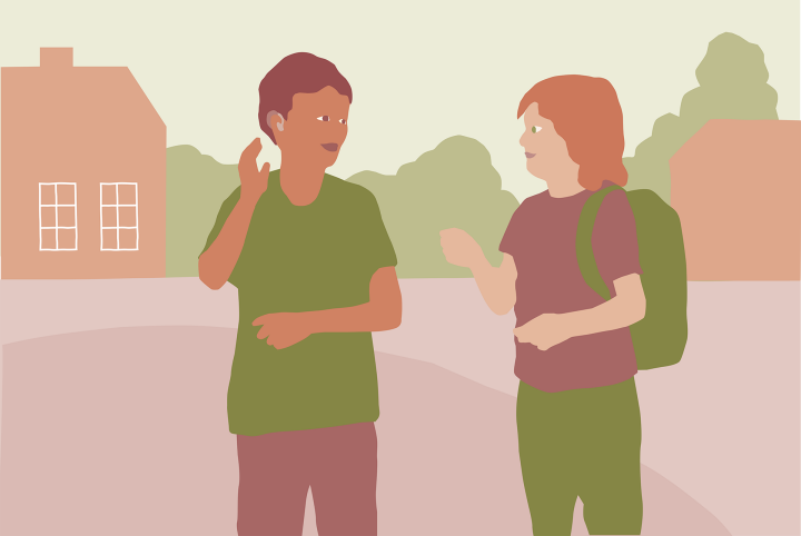 Illustration av två elever som står och tecknar med varandra.