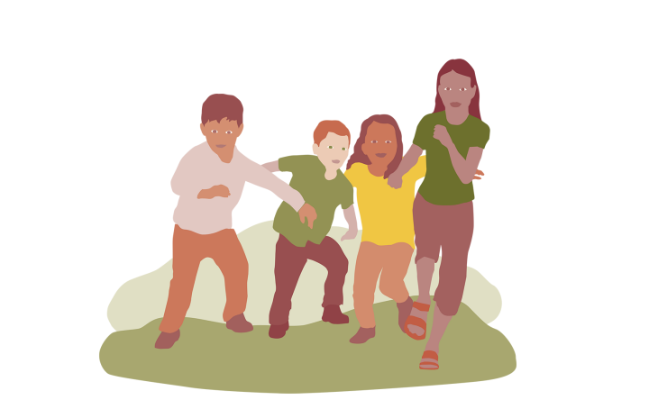 Illustrationen visar fyra barn som springer framåt.