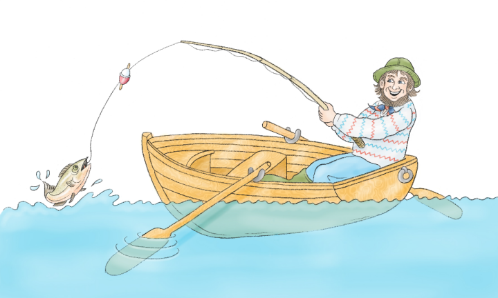 Illustration av en man som sitter i en eka. Mannen fiskar upp en fisk.