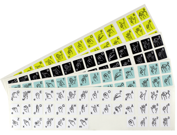 Foto av tangentbordsklistermärken i fyra färger.