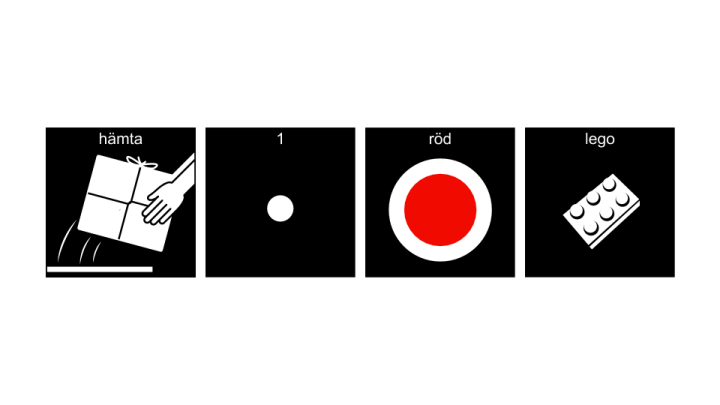 Illustration av ett paket, en vit prick, färgen röd och en legobit