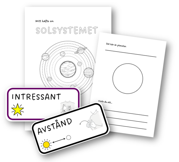 Collage av material som följer med lektionstipset: ett arbetshäfte om vårt solsystem, samt bildstöd för orden avstånd och  intressant.