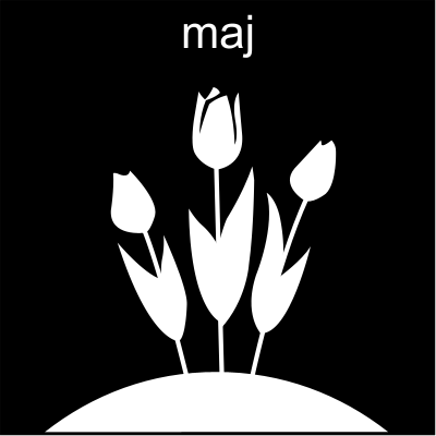 Bilden visar tre stycken blommor med rubriken maj ovanför. 