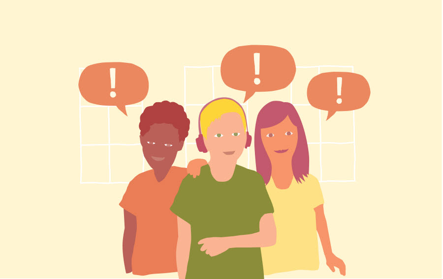 Illustration av tre elever, omslaget till forskarskriften Adhd med egna ord.
