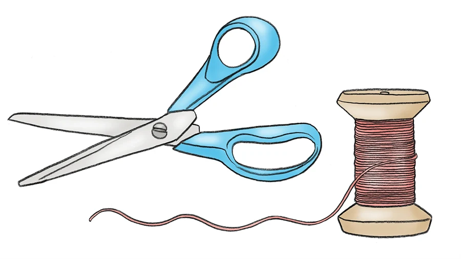 Illustration av en sax och en trådrulle
