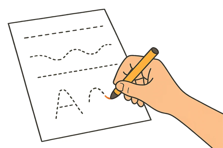Bild av ett papper med streckade linjer och en penna som fyller i strecken.