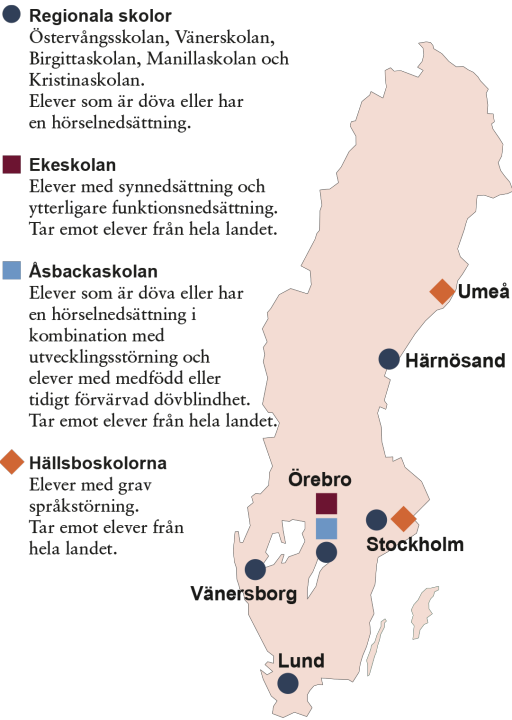 Illustrationen visar en Sverigekarta. I kartan visas våra fem specialskolor och vart i landet de är utplacerade.