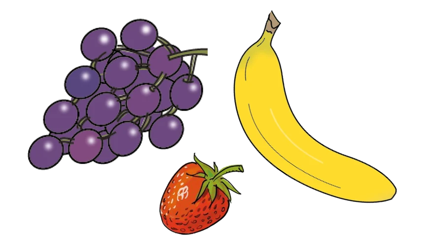 Illustration av vindruvor, jordgubbe och banan
