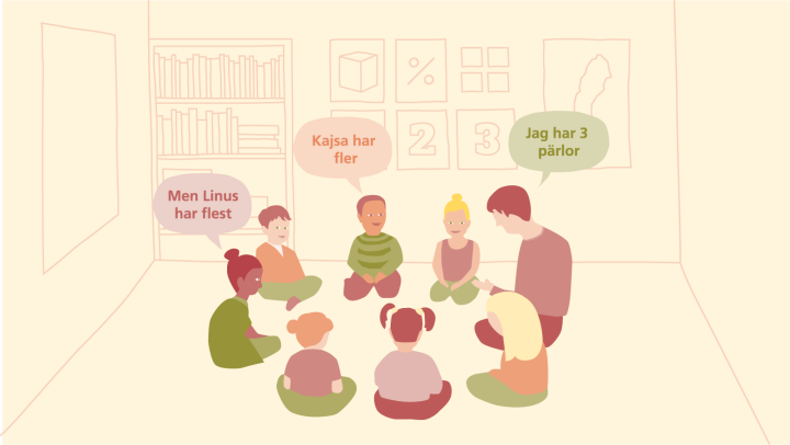 Illustrationen visar sju barn och en lärare som sitter i ring. De diskuterar mattematikfrågor.