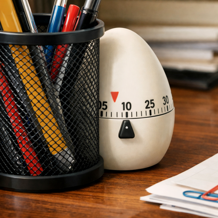 Bild på en äggklocka bakom ett pennställ