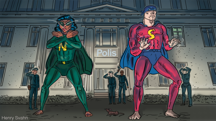 Två superhjältar framför en polisstation.