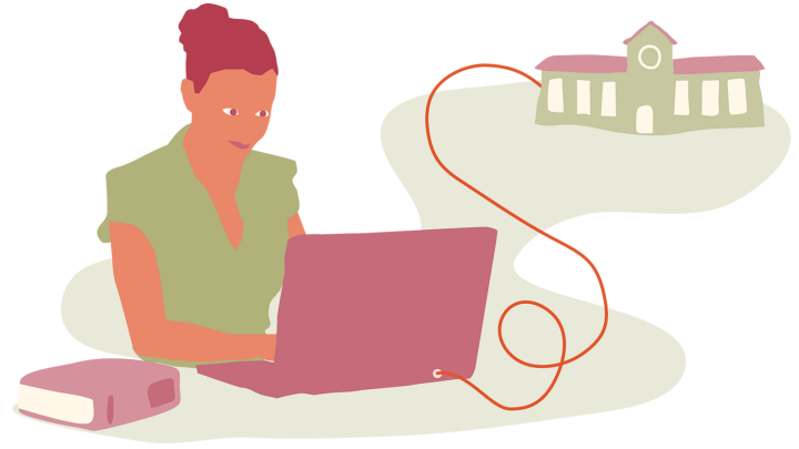 Illustrationen visar en kvinna som sitter vid en bärbar dator. Från datorn går en sladd till en större byggnad.