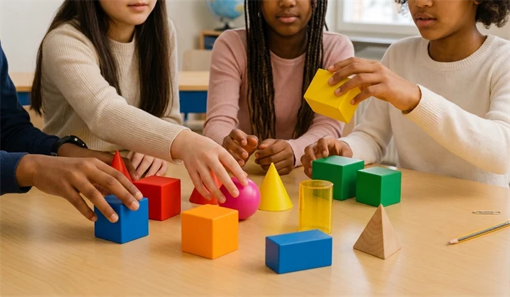Elever som sorterar geometriska former efter egenskaper och färg.