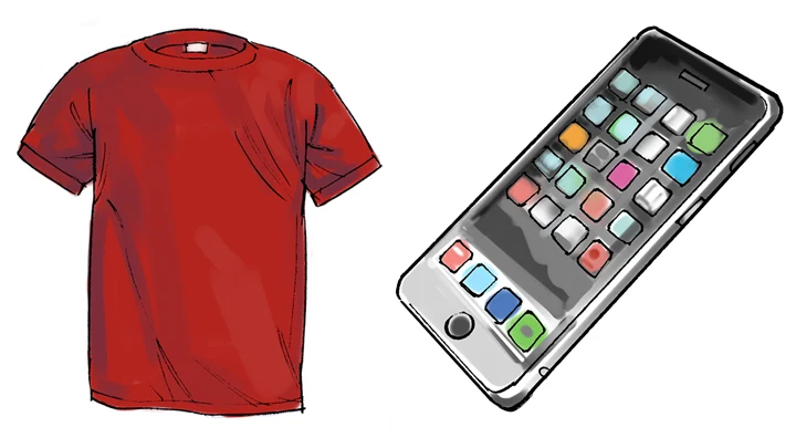 Illustrationen visar en röd t-shirt till vänster på bilden. Till höger är det en upplåst smarttelefon som visar olika appar. 