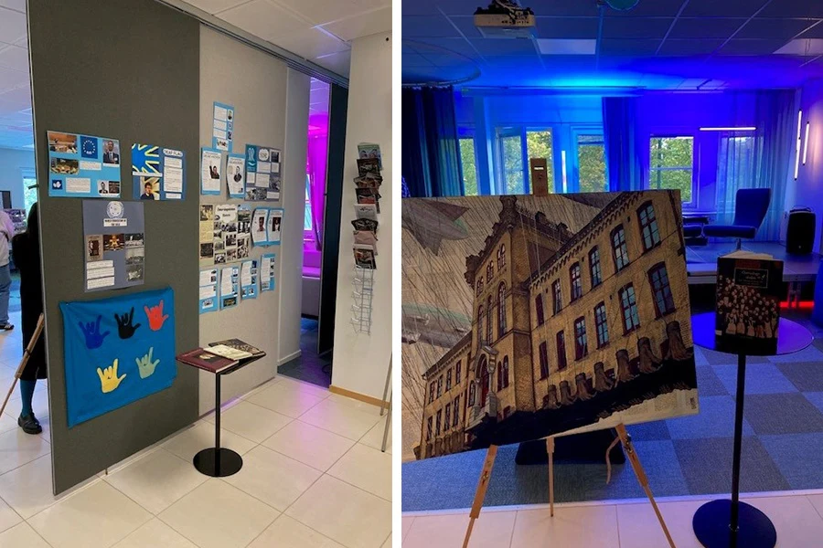 Bildkollage från Östervångsskolans utställning på Teckenspråkets dag 2025.