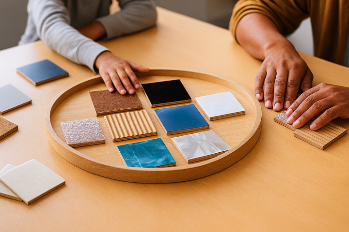 Bild på ett bord där det ligger flera små plattor med olika strukturer