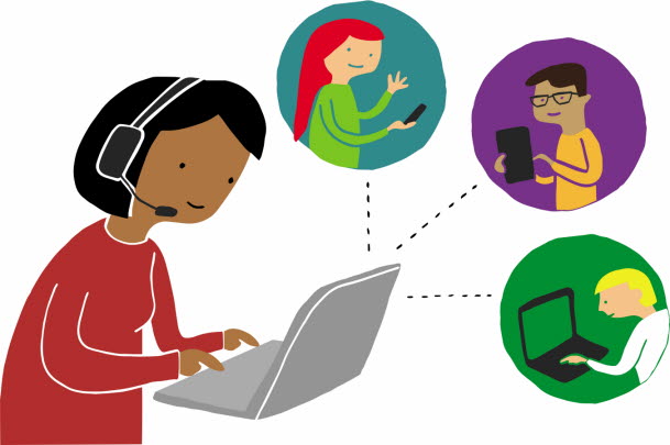 Illustration av en person som sitter framför en bärbar dator. Bredvid datorn ser vi tre andra personer. Samtliga håller i antingen en mobiltelefon, en surfplatta eller en bärbar dator.