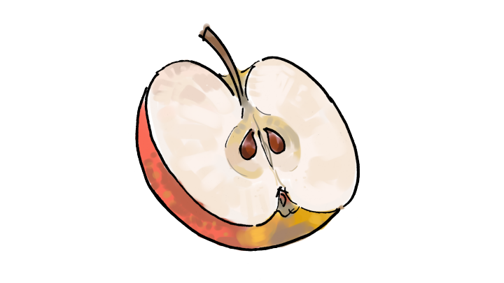 Illustrationen visar äpple som är kluvet på mitten.