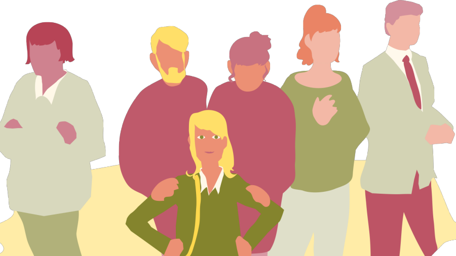 Illustration av sex personer som tittar fram