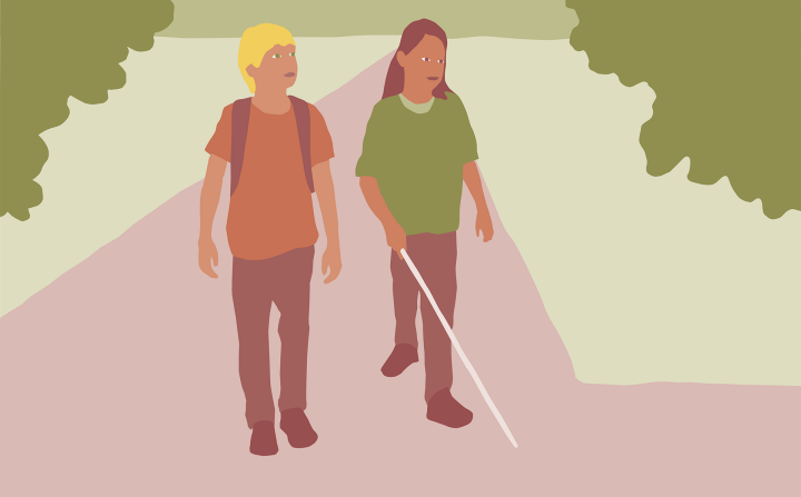 Illustrationen visar två elever som går tillsammans. En av dem håller i en blindkäpp.