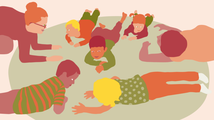 Illustration av fem barn och två vuxna som ligger ner på eller vid en rund matta