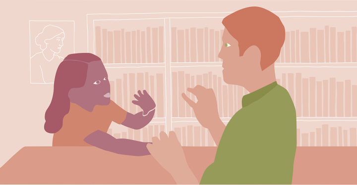 Illustrationen visar en lärare och en elev som kommunicerar på teckenspråk.