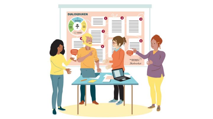 En illustration av fyra personer som står runt ett bord och diskuterar