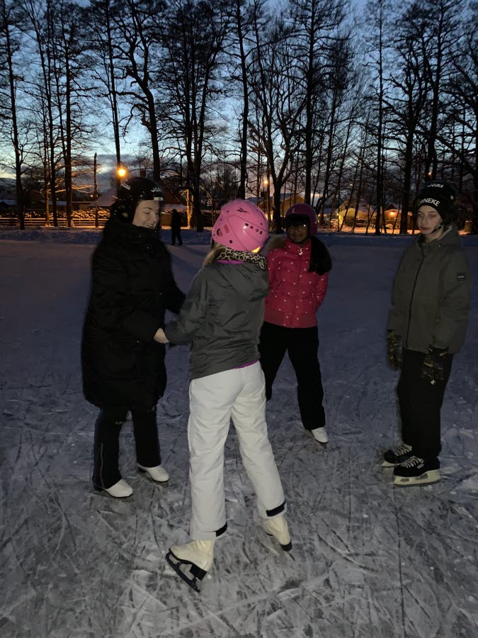 Tre elever och en vuxen åker skridskor på en isig sjö vid solnedgången.