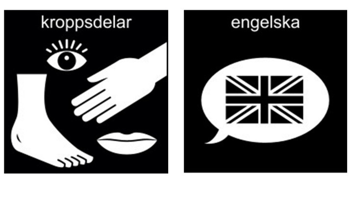 Pictogram: Kroppsdelar och engelska.