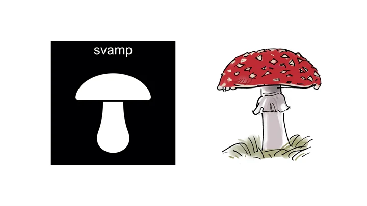 En pictogrambild av en svamp och en illustrerad röd flugsvamp.