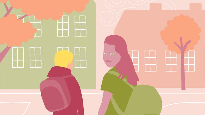 Illustration av två elever framför en skola, den ena tittar mot betraktaren.