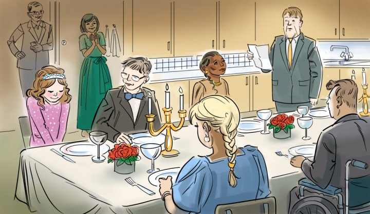 Flera personer kring ett festligt dukat bord.