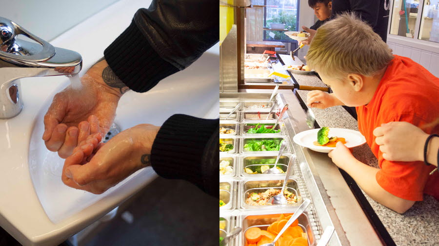 Två olika bilder som symboliserar ämnesområdet Vardagsaktiviteter. Bilden till vänster visar en person som tvättar händerna. Bilden till höger visar en elev som plockar mat i en matsal.