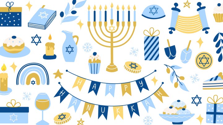 En samling av bilder, bland annat en stjärna, vinglas, ljusstake, bakelser, ljus med mera.