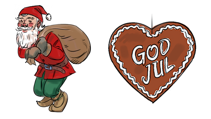Tomte som bär en säck och ett pepparkakshjärt med God Jul skrivet på.