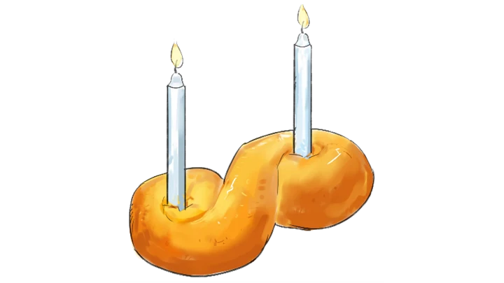 Illustration av en lussebulle med två små, brinnande ljus i.