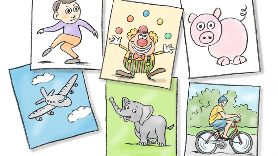 Illustrationen visar sex olika objekt. Vi ser ett barn, ett flygplan, en clown, en elefant, en gris och en person som cyklar.
